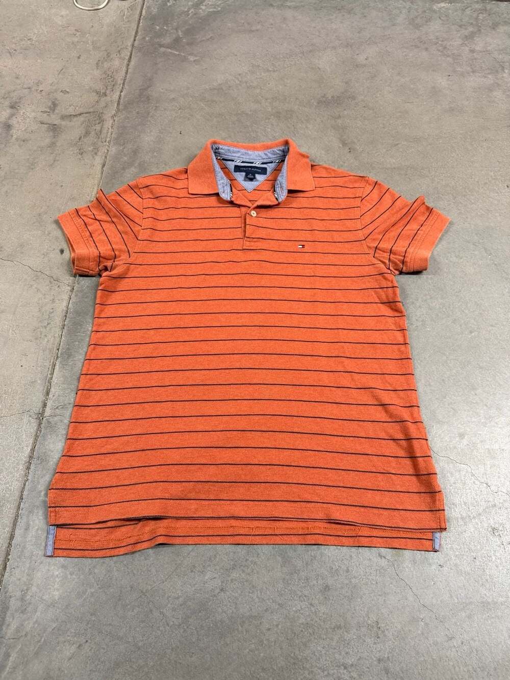 Tommy Hilfiger Men's M Orange and Black Striped Short Sleeve Polo Shirt